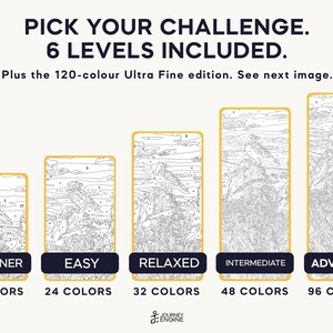 May include: Five paint-by-number canvases with bird illustrations, labeled Beginner, Easy, Relaxed, Intermediate, and Advanced, featuring 16, 24, 32, 48, and 96 colors respectively. Text reads: PICK YOUR CHALLENGE. 6 LEVELS INCLUDED.