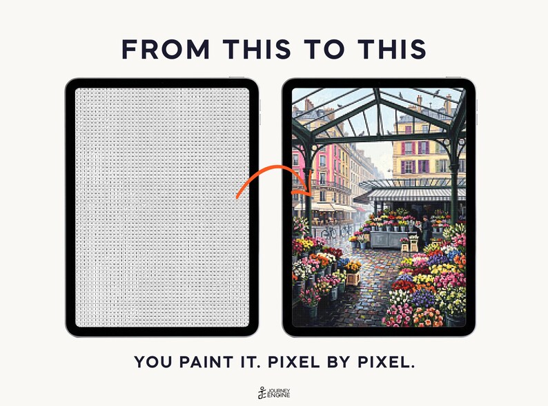 May include: Two digital tablets displaying a paint-by-number process. The left tablet shows a grayscale grid with numbers, while the right tablet shows a colorful finished painting of a Parisian flower market. Text reads FROM THIS TO THIS and YOU PAINT IT. PIXEL BY PIXEL.