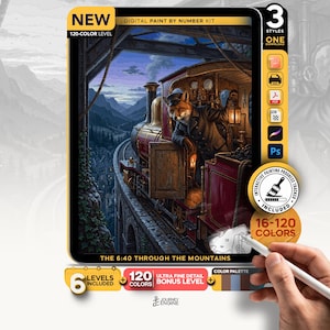 May include: A digital paint by number kit titled The 6:40 Through The Mountains featuring a fox conductor in a steam train engine. The artwork displays a mountain landscape at dusk. The kit includes 120 colors, an interactive progress tracker, and multiple file formats for digital painting software.