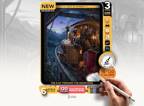 Fox Train Conductor paint by numbers digital kit, Whimsical Steam Railway Art