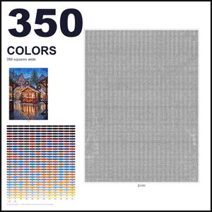 May include: A paint-by-numbers design template featuring 350 colors, a 350 squares wide grid, a color reference chart, and a small preview image of a festive Christmas market scene with stalls, lights, and a tree under a starry night sky.