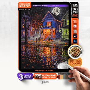May include: A digital diamond mosaic art file titled Halloween Street, featuring a nighttime scene of houses with glowing windows, pumpkins, and reflections on a wet street. The interface includes Procreate Ready, 92K squares, and 350 colors.