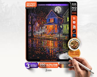 Digital Diamond Painting for iPad, Halloween Street Mosaic, Spooky Color by Number Procreate File, 3 Color Levels, Digital Download