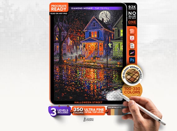Halloween Street digital diamond painting mystery mosaic for iPad, Spooky Mosaic