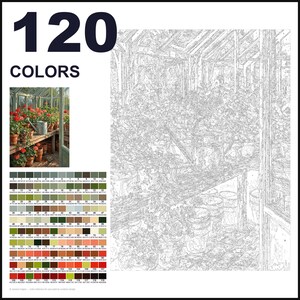 May include: A paint-by-numbers kit featuring a greenhouse scene with potted plants and a watering can. The image includes a reference photo, a numbered outline for painting, and a grid of 120 color swatches labeled with corresponding numbers.
