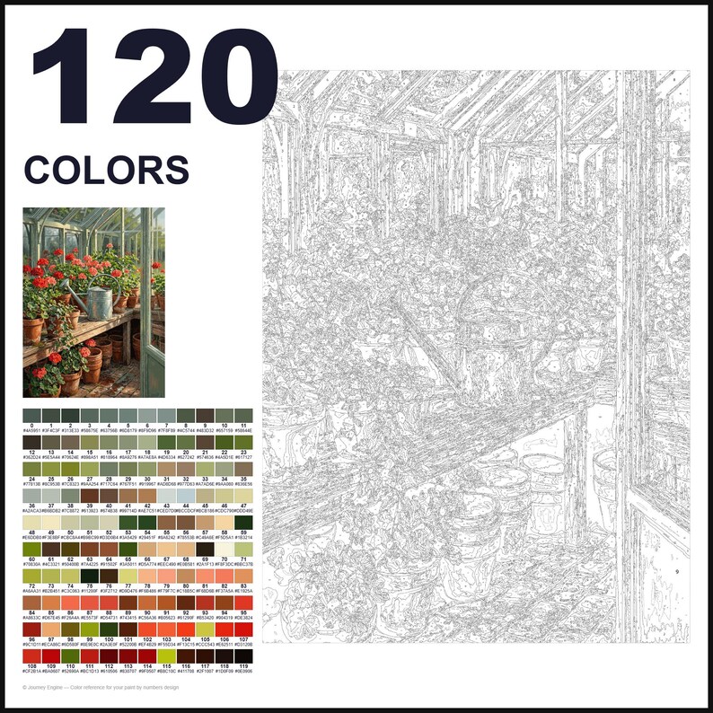 May include: A paint-by-numbers kit featuring a greenhouse scene with potted plants and a watering can. The image includes a reference photo, a numbered outline for painting, and a grid of 120 color swatches labeled with corresponding numbers.
