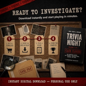 May include: A true crime and mystery trivia night game kit featuring a cork board with four numbered steps, a case file folder, a magnifying glass, a notepad with handwritten notes, and a book titled TRIVIA NIGHT VOLUME 4 OF 4 CASE CLOSED.