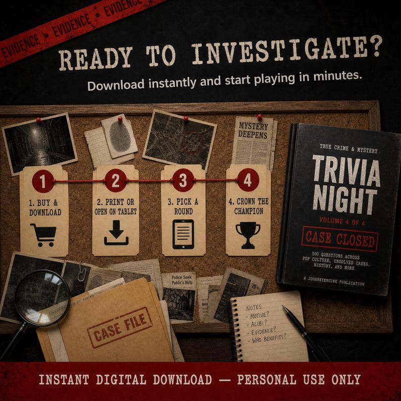 May include: A true crime and mystery trivia night game kit featuring a cork board with four numbered steps, a case file folder, a magnifying glass, a notepad with handwritten notes, and a book titled TRIVIA NIGHT VOLUME 4 OF 4 CASE CLOSED.