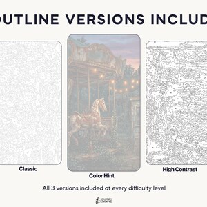 May include: Three paint-by-number templates featuring a carousel scene. The left panel is a classic light gray outline, the center panel is a color hint version with a faded carousel image, and the right panel is a high contrast black outline.