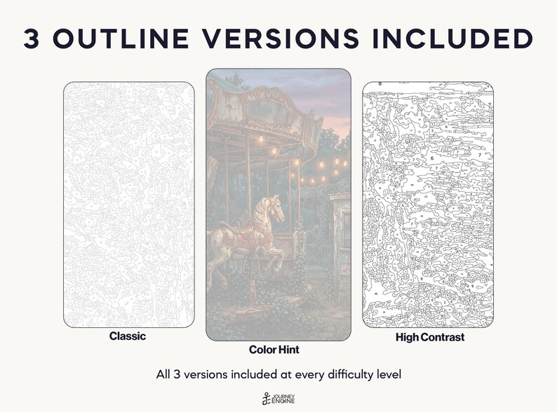 May include: Three paint-by-number templates featuring a carousel scene. The left panel is a classic light gray outline, the center panel is a color hint version with a faded carousel image, and the right panel is a high contrast black outline.