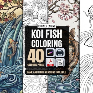 Op de afbeelding: Een digitale collectie van 40 kleurplaten van koikarpers genaamd Journey Engine Koi Fish Coloring, met zowel gekleurde als zwart-wit lijntekeningen van koikarpers die in water zwemmen met watervallen, kersenbloesems en stenen lantaarns.