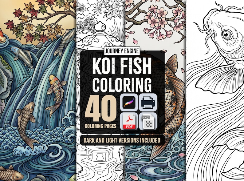 Op de afbeelding: Een digitale collectie van 40 kleurplaten van koikarpers genaamd Journey Engine Koi Fish Coloring, met zowel gekleurde als zwart-wit lijntekeningen van koikarpers die in water zwemmen met watervallen, kersenbloesems en stenen lantaarns.