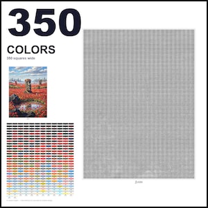 May include: A paint-by-numbers kit featuring a large gray grid, a small color reference image of Moai statues in a poppy field, and a chart of 350 numbered color swatches. The text 350 COLORS and 350 squares wide is printed on the white background.