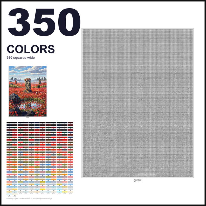 May include: A paint-by-numbers kit featuring a large gray grid, a small color reference image of Moai statues in a poppy field, and a chart of 350 numbered color swatches. The text 350 COLORS and 350 squares wide is printed on the white background.