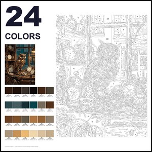 May include: A paint-by-numbers kit featuring 24 colors and a numbered outline of an owl surrounded by various clocks and gears. The set includes a small color reference image showing the finished scene and a grid of 24 distinct paint color swatches.