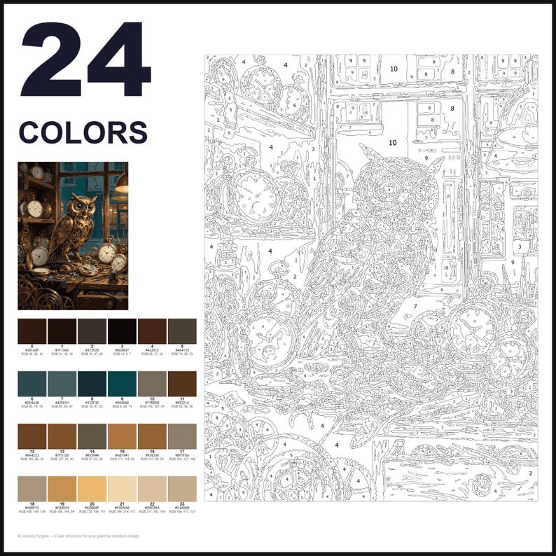 May include: A paint-by-numbers kit featuring 24 colors and a numbered outline of an owl surrounded by various clocks and gears. The set includes a small color reference image showing the finished scene and a grid of 24 distinct paint color swatches.