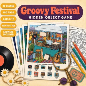 May include: A Groovy Festival hidden object game printable PDF featuring 40 scenes and 400 finds for ages 8-12. The game includes a colourful illustration of a flea market with a turntable, records, a guitar, and a magnifying glass prop.