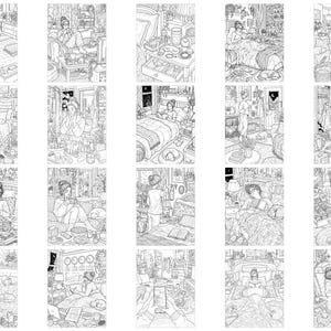 May include: A collection of twenty black and white line art illustrations featuring detailed indoor scenes of daily life. Each panel depicts various domestic settings including bedrooms and living areas with people, furniture, plants, and personal items.