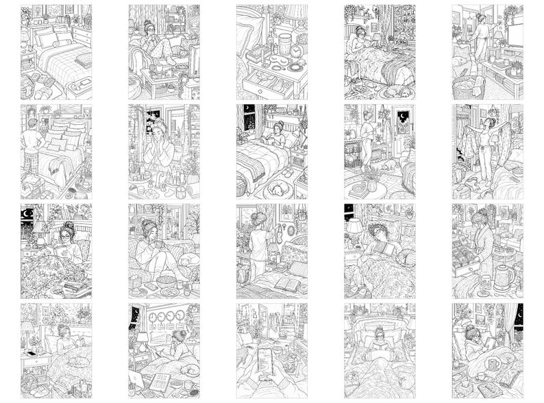 May include: A collection of twenty black and white line art illustrations featuring detailed indoor scenes of daily life. Each panel depicts various domestic settings including bedrooms and living areas with people, furniture, plants, and personal items.