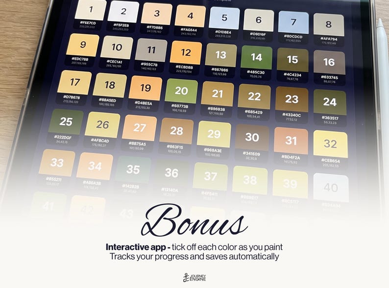May include: A digital tablet screen displaying a grid of forty numbered color swatches, each with a specific hex code. Below the grid, the text reads Bonus, Interactive app - tick off each color as you paint, Tracks your progress and saves automatically.