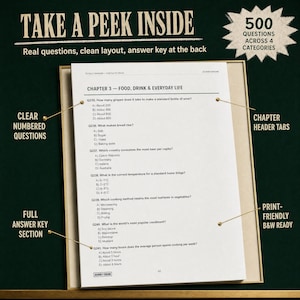 May include: A trivia book page titled Chapter 3 Food, Drink & Everyday Life with numbered questions Q235 through Q241. The page features multiple-choice options, a clean black and white layout, and text labels pointing out features like chapter header tabs.