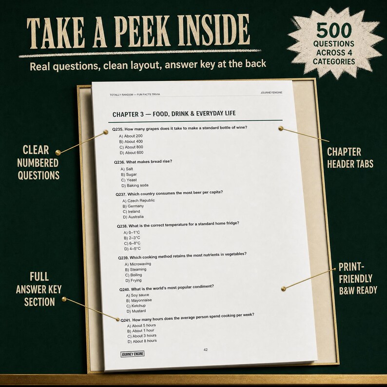May include: A trivia book page titled Chapter 3 Food, Drink & Everyday Life with numbered questions Q235 through Q241. The page features multiple-choice options, a clean black and white layout, and text labels pointing out features like chapter header tabs.