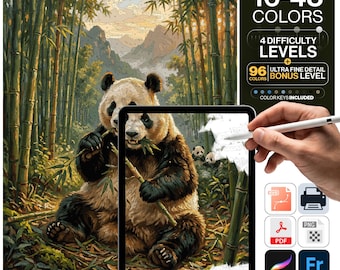 Panda Paint by Numbers Digital | 5 Levels 16-96 Colors | Svg Pdf Png Procreate | Giant Panda Bamboo Forest Printable Wall Art