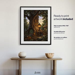 May include: A framed digital art print featuring a large tree with a hollow trunk containing a library, a glowing lantern, and a wooden ladder. The text on the right reads: Ready to print artwork included, High-resolution PNG + PDF sized for A3, Scalable SVG poster print up to 60x90 cm, No numbers, no outlines, just the finished art.