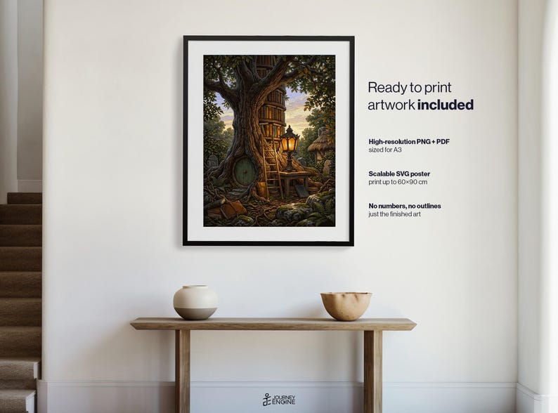 May include: A framed digital art print featuring a large tree with a hollow trunk containing a library, a glowing lantern, and a wooden ladder. The text on the right reads: Ready to print artwork included, High-resolution PNG + PDF sized for A3, Scalable SVG poster print up to 60x90 cm, No numbers, no outlines, just the finished art.