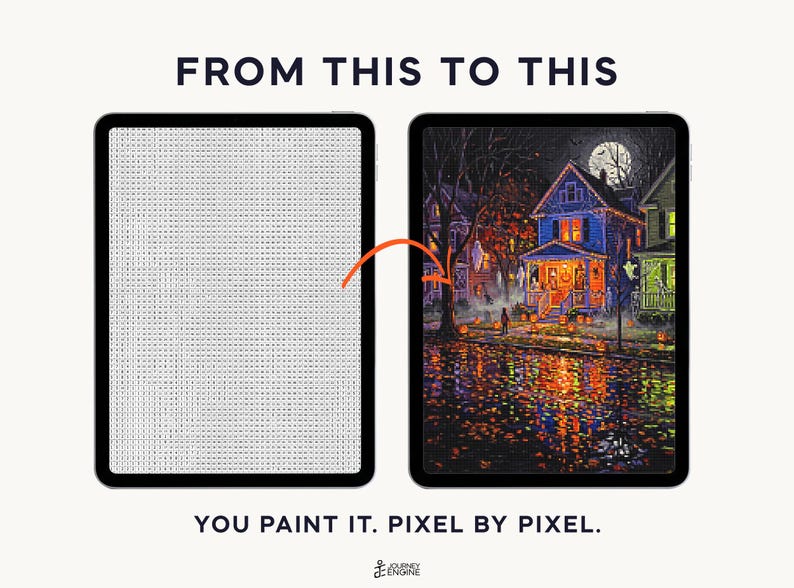 May include: Two tablets displaying a digital painting process. The left screen shows a grid of symbols for paint-by-number, while the right screen shows a finished nighttime scene of a house with pumpkins. Text reads: FROM THIS TO THIS. YOU PAINT IT. PIXEL BY PIXEL.