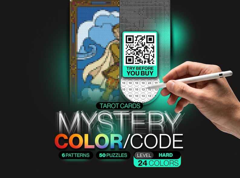 Tarot Pixel Color By Number | Mystery Mosaic Coloring | 50 Tarot Card Puzzles | Printable Witchy Stress Relief | Instant Download image 1