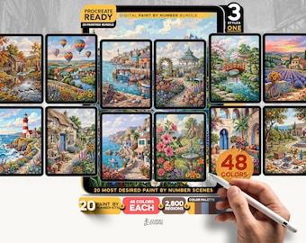 Digital Paint by Numbers Bundle for Procreate, 20 Paint by Number Kits for iPad, 48 Colors Each, Printable Adult Color by Number