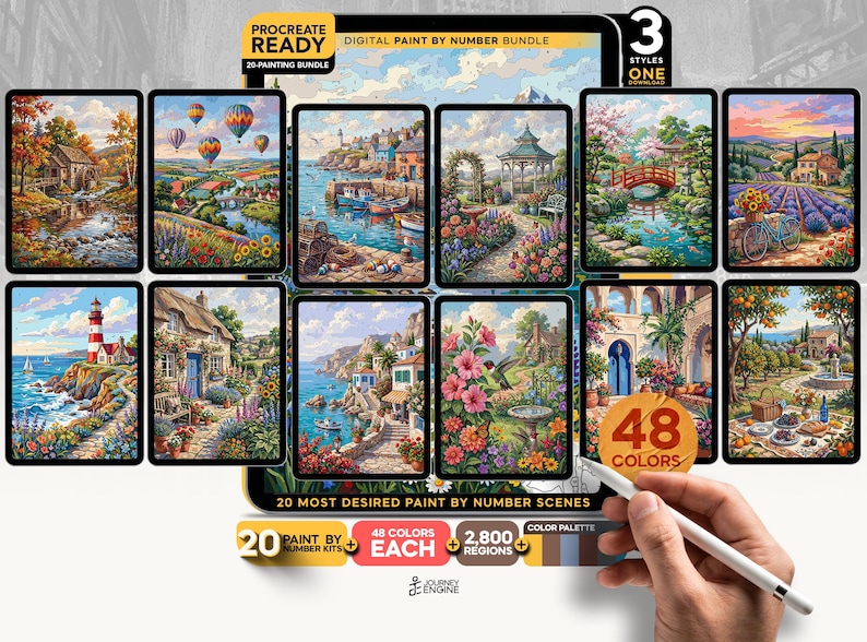 Pu&ograve; includere: Un pacchetto digitale di pittura con i numeri per Procreate con 20 scene paesaggistiche. La collezione include immagini di fari, giardini, citt&agrave; costiere e composizioni floreali. Ognuno dei 20 kit contiene 48 colori e 2.800 regioni.
