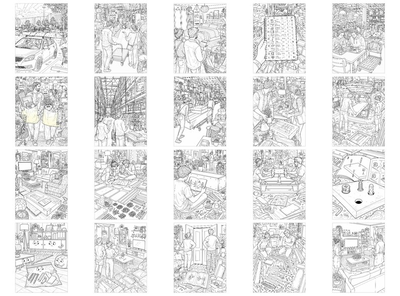 Op de afbeelding: Een verzameling van twintig zwart-wit lijntekeningen met diverse sc&egrave;nes van winkelen, meubelmontage en interieurs, met mensen die in een rasteropstelling omgaan met meubels, huishoudelijke artikelen en winkelwagentjes.