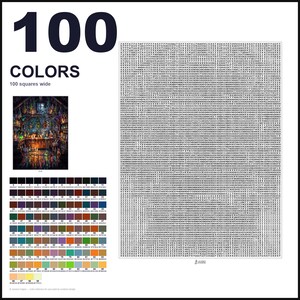May include: A paint-by-numbers guide featuring the text 100 COLORS and 100 squares wide. It includes a small preview image of a dark, magical room, a large grid filled with numbers, and a color palette chart with 100 numbered color swatches.