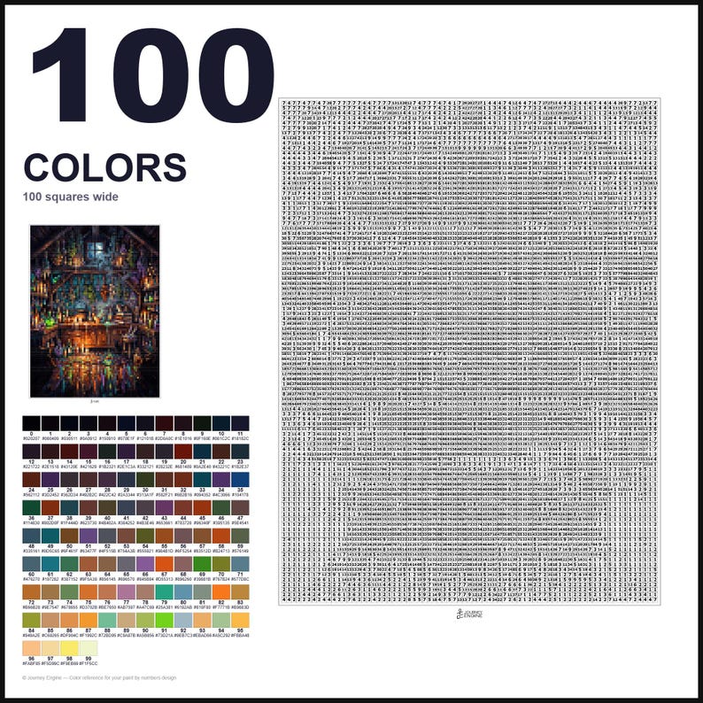 May include: A paint-by-numbers guide featuring the text 100 COLORS and 100 squares wide. It includes a small preview image of a dark, magical room, a large grid filled with numbers, and a color palette chart with 100 numbered color swatches.