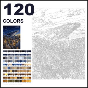 May include: A paint-by-numbers kit featuring a large whale flying over a village of houses. The image includes a small color reference picture, a grid of 120 numbered color swatches, and a large black and white line drawing of the scene.