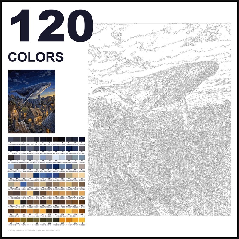 May include: A paint-by-numbers kit featuring a large whale flying over a village of houses. The image includes a small color reference picture, a grid of 120 numbered color swatches, and a large black and white line drawing of the scene.