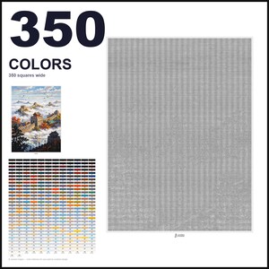 May include: A cross-stitch pattern chart featuring 350 colors and a 350 squares wide grid. The document includes a small color reference image of the Great Wall of China, a comprehensive color key with numbered swatches, and a large gray grid.