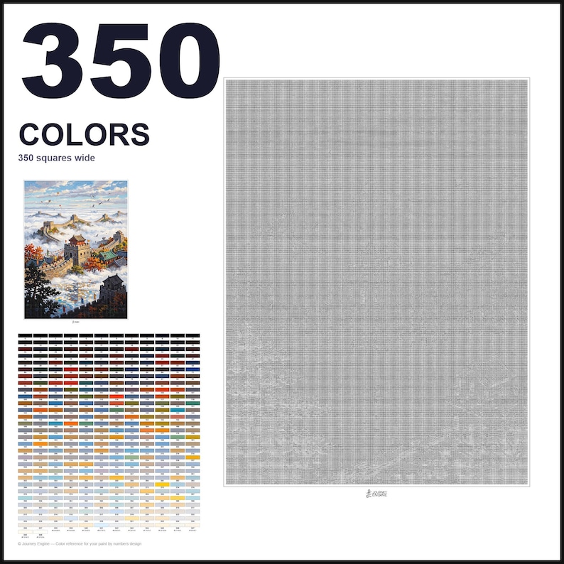 May include: A cross-stitch pattern chart featuring 350 colors and a 350 squares wide grid. The document includes a small color reference image of the Great Wall of China, a comprehensive color key with numbered swatches, and a large gray grid.