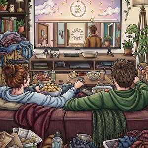 May include: An illustration of two people sitting on a brown sofa watching a television screen displaying a loading screen with the number 3. The room is filled with various items including a coffee table with snacks, a laundry basket, and bookshelves.