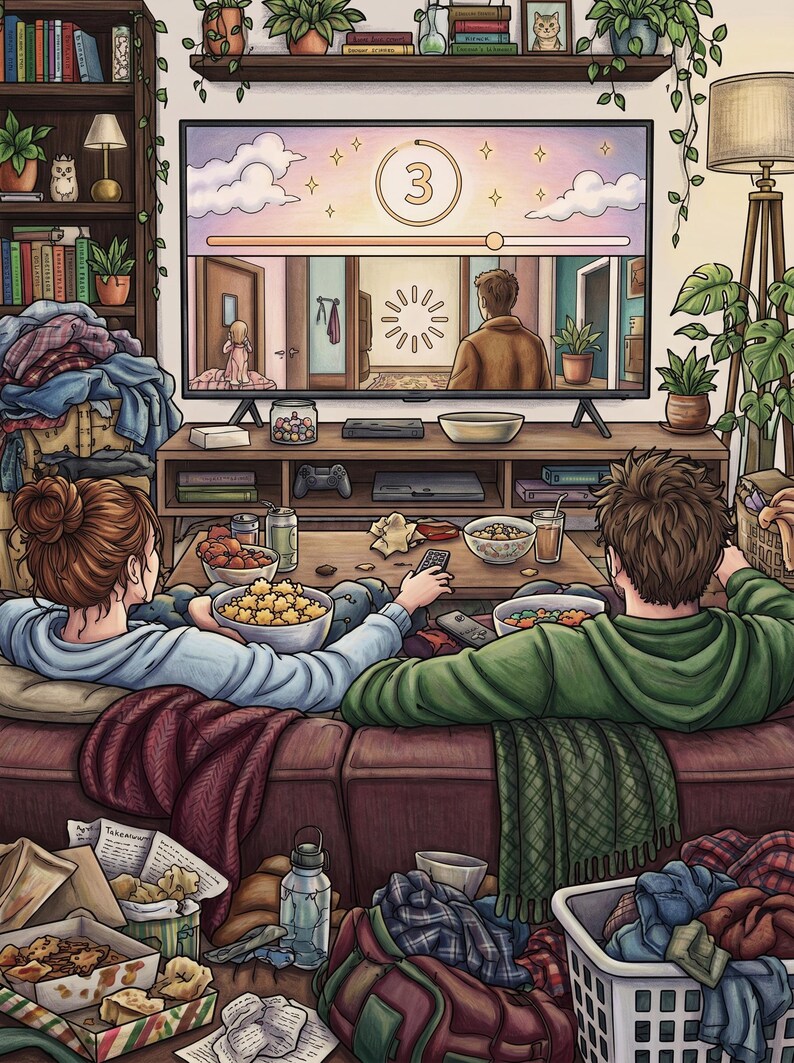 May include: An illustration of two people sitting on a brown sofa watching a television screen displaying a loading screen with the number 3. The room is filled with various items including a coffee table with snacks, a laundry basket, and bookshelves.
