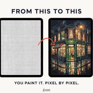 May include: Two tablets displaying a digital paint-by-number activity. The left screen shows a grid of letters, while the right screen shows a completed, colorful illustration of a rainy street corner with a bookstore. Text reads FROM THIS TO THIS.