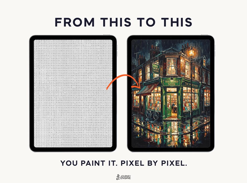 May include: Two tablets displaying a digital paint-by-number activity. The left screen shows a grid of letters, while the right screen shows a completed, colorful illustration of a rainy street corner with a bookstore. Text reads FROM THIS TO THIS.