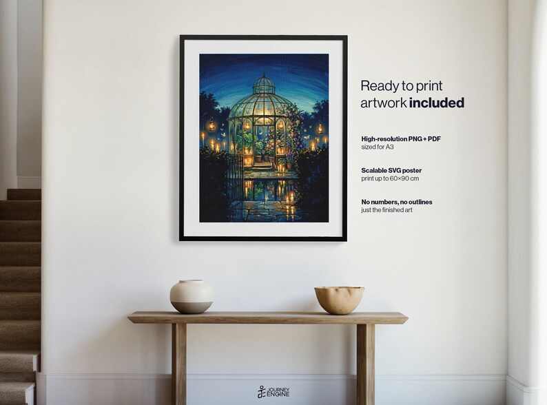 May include: A framed digital art print featuring a glowing glass conservatory at night, surrounded by dark foliage and warm, flickering lights. The text reads: Ready to print artwork included, High-resolution PNG + PDF sized for A3, Scalable SVG poster print up to 60x90 cm, No numbers, no outlines just the finished art.