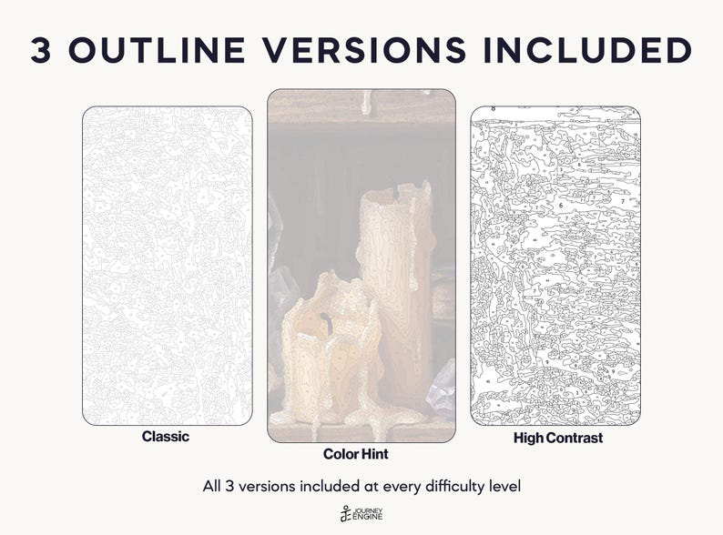 May include: Three paint-by-number templates labeled 3 OUTLINE VERSIONS INCLUDED. The left is a Classic outline, the center is a Color Hint version showing candles, and the right is a High Contrast outline. Text reads All 3 versions included at every difficulty level and Journey Engine.