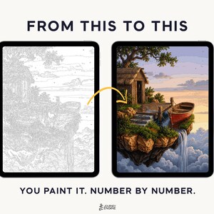May include: Two tablets displaying a digital paint-by-number process. The left screen shows a grayscale line drawing of a hut on a cliff with a boat. The right screen shows the completed, full-color version. Text reads: FROM THIS TO THIS. YOU PAINT IT. NUMBER BY NUMBER.