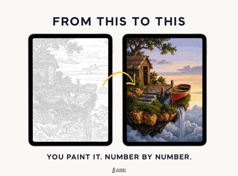 May include: Two tablets displaying a digital paint-by-number process. The left screen shows a grayscale line drawing of a hut on a cliff with a boat. The right screen shows the completed, full-color version. Text reads: FROM THIS TO THIS. YOU PAINT IT. NUMBER BY NUMBER.