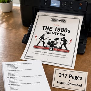 以下が含まれることがあります： Journey Engine Chapter 1 The 1980s The MTV Eraというタイトルとバンドのイラストが印刷された白い紙を出す黒いプリンター。クイズ問題が印刷された紙の束と、317 Pages Instant Downloadと書かれたカードが置かれています。