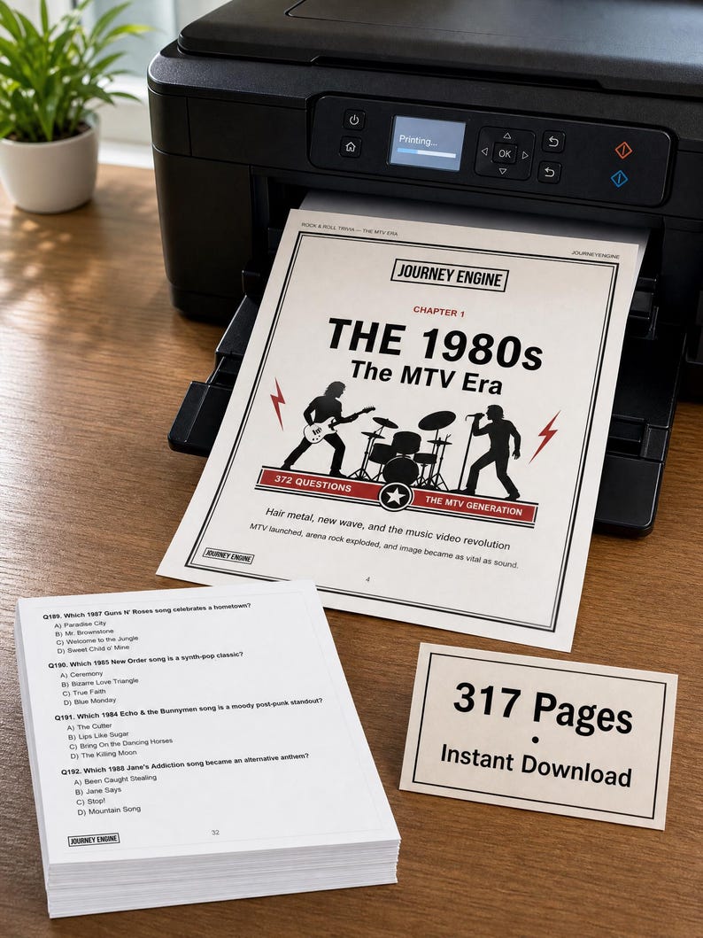以下が含まれることがあります： Journey Engine Chapter 1 The 1980s The MTV Eraというタイトルとバンドのイラストが印刷された白い紙を出す黒いプリンター。クイズ問題が印刷された紙の束と、317 Pages Instant Downloadと書かれたカードが置かれています。